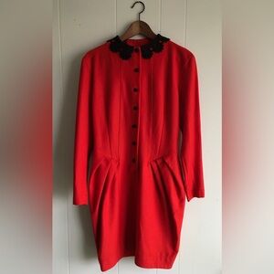 Vintage Italian Wool Red Dress with Black Accents